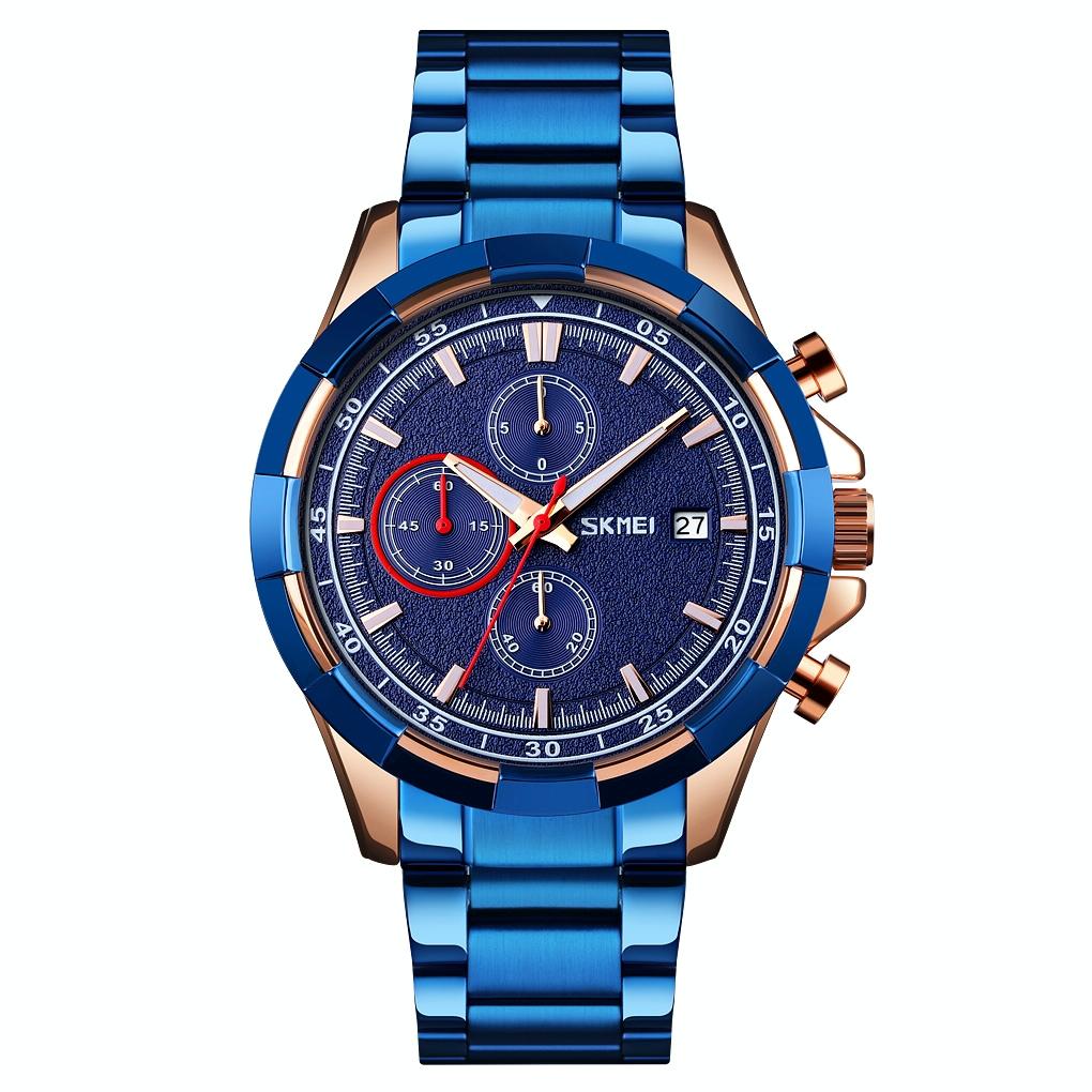 Men Stainless Steel Quartz Watch With Luminous Calendar And Timing Blue Watches