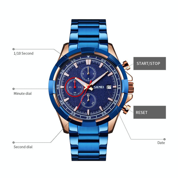Men Stainless Steel Quartz Watch With Luminous Calendar And Timing Blue Watches