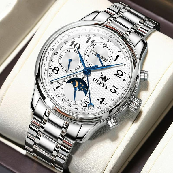 Waterproof Luminous Mechanical Watch For Men Multifunction Steel Band + White Watches