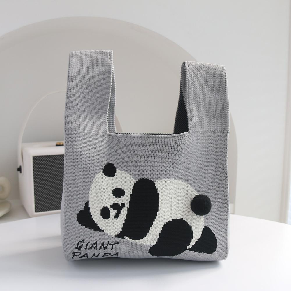 Cartoon Panda Knit Bag Large Capacity Vest Handbag Grey Women's Bags & Handbags
