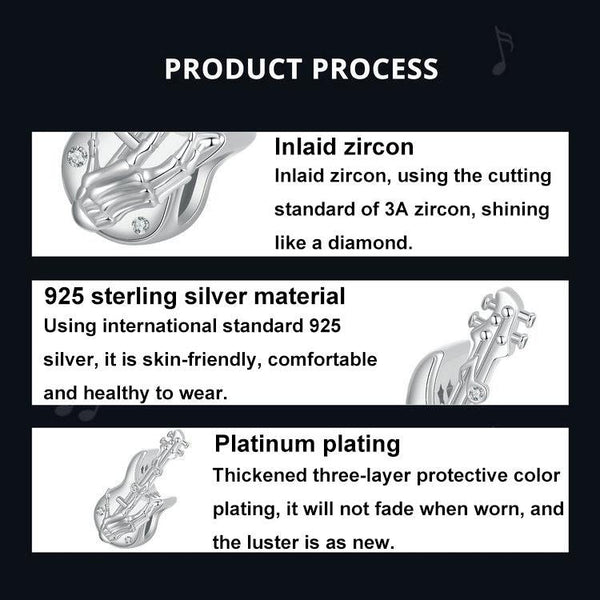 925 Sterling Silver Platinum Plated Skull Bass Pendant Charms & Pendants