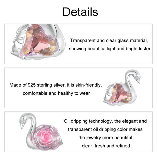 925 Sterling Silver Platinum Plated Pink Swan Rose Diy Beads Charms & Pendants