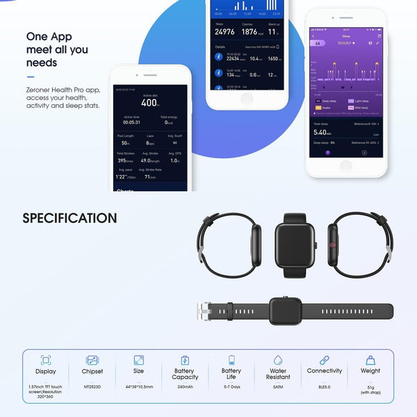 1.57 Inch Tft Touch 5Atm Waterproof Smartwatch With Sleep Heart & Call Alerts Black Smart Watches