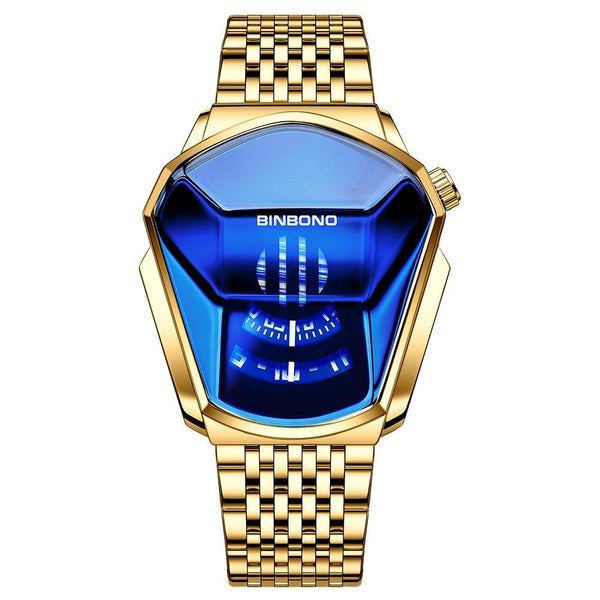 Black Steel Belt Men Watch With Live Technology Full Gold Blue Face Watches