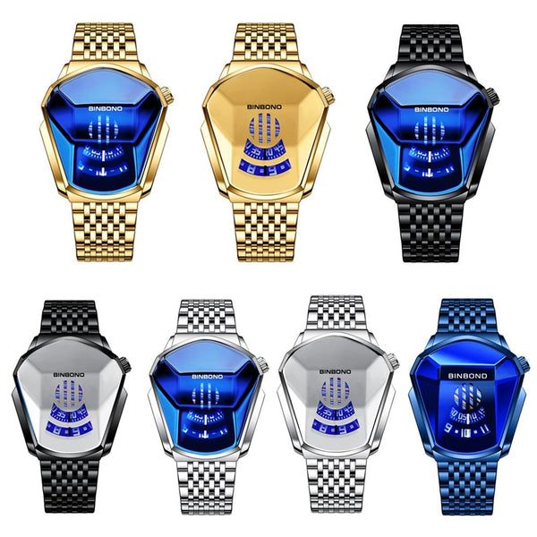 Black Steel Belt Men Watch With Live Technology Full Gold Blue Face Watches