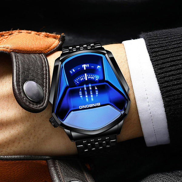Black Steel Belt Men Watch With Live Technology Full Gold Blue Face Watches