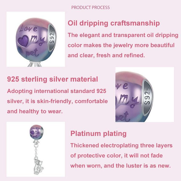 925 Sterling Silver Hot Air Balloon Cat Pendant Charms & Pendants