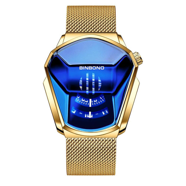 Black Technology Men Watch With Locomotive Concept Gold Net Belt Full Blue Face Watches