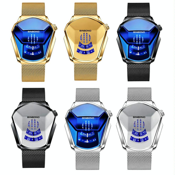Black Technology Men Watch With Locomotive Concept Gold Net Belt Full Blue Face Watches
