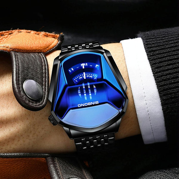 Black Technology Men Watch With Locomotive Concept Gold Net Belt Full Blue Face Watches