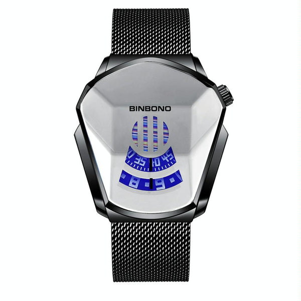 Black Technology Men Watch With Locomotive Concept Gold Net Belt Full Blue Face Watches