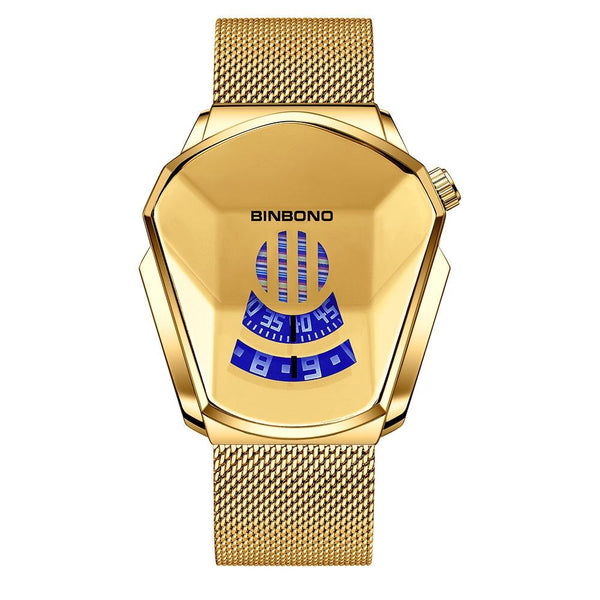 Black Technology Men Watch With Locomotive Concept Gold Net Belt Full Blue Face Watches