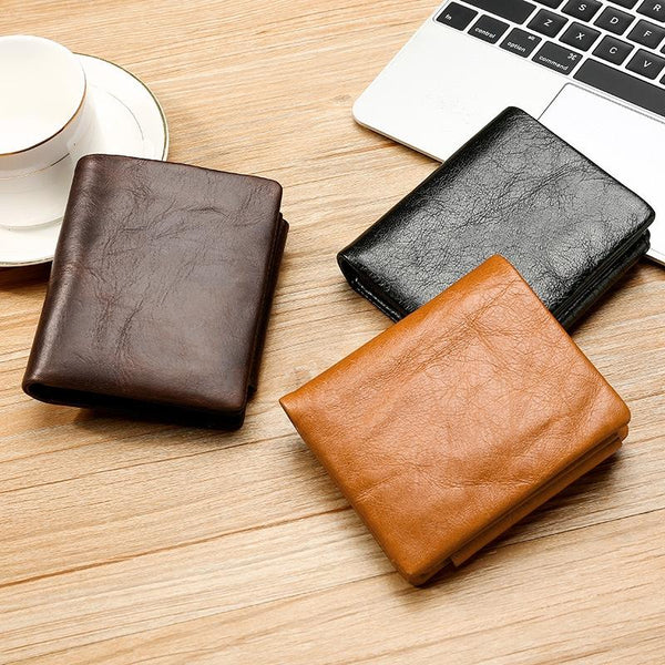 Men Rfid Leather Tri Fold Wallet Genuine Black Wallets