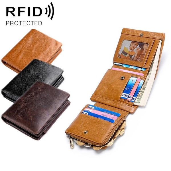 Men Rfid Leather Tri Fold Wallet Genuine Black Wallets