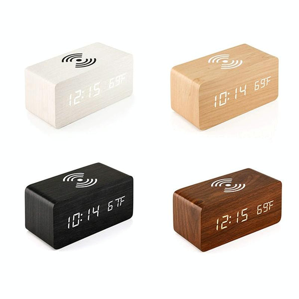 5W Wireless Charger With Led Mirror Display And Sub Alarm Clock Bamboo Chargers & Cradles