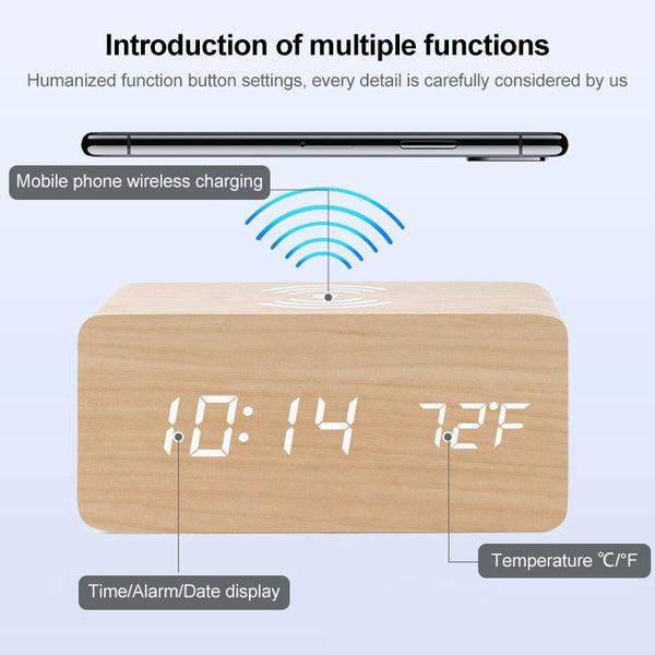 5W Wireless Charger With Led Mirror Display And Sub Alarm Clock Bamboo Chargers & Cradles