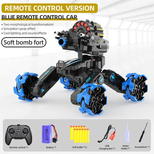 Remote Control Car With Soft Bomb Four Wheel Battle Blooming Tire Spray Blue Remote Controlled Toys