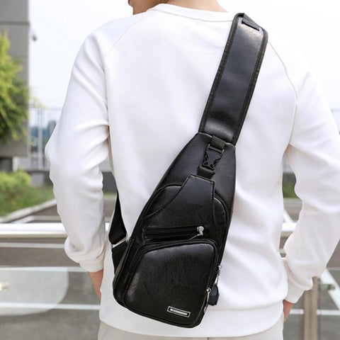 Waterproof Pu Leather Men Chest Bag Usb Port Headphone Hole Black Bags