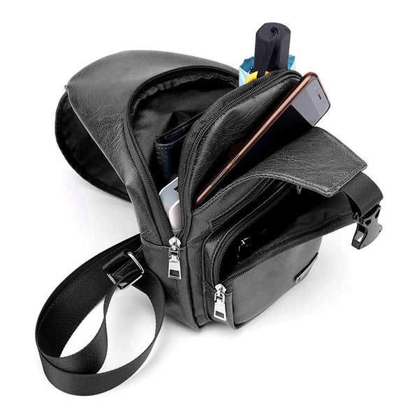 Waterproof Pu Leather Men Chest Bag Usb Port Headphone Hole Black Bags
