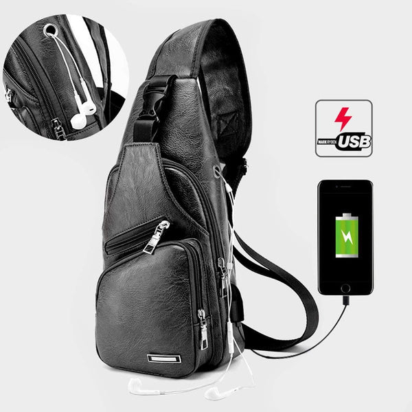 Waterproof Pu Leather Men Chest Bag Usb Port Headphone Hole Black Bags