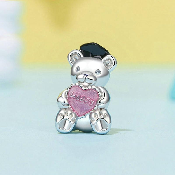 925 Sterling Silver Platinum Plated Happy Bear Heart Diy Beads Charms & Pendants