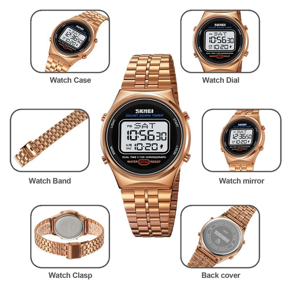 Waterproof Multifunctional Men Digital Watch Luminous Stainless Steel 30M Rose Gold White Watches