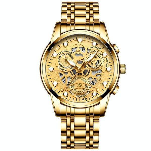 Waterproof Luminous Men Quartz Watch Hollow Design Full Gold Surface Watches