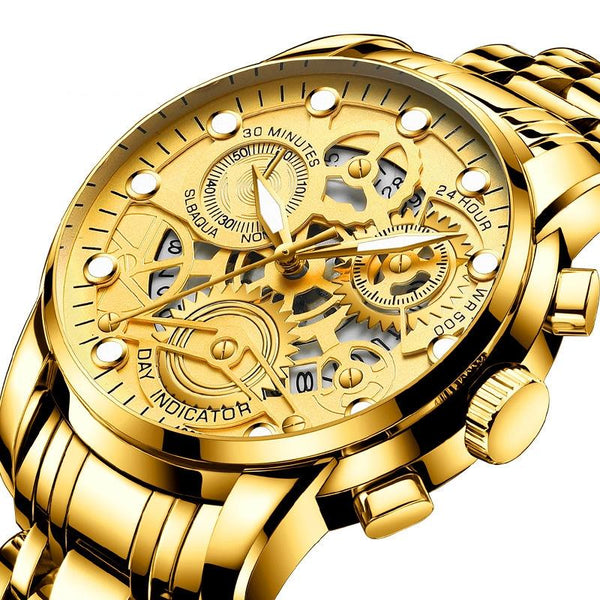 Waterproof Luminous Men Quartz Watch Hollow Design Full Gold Surface Watches