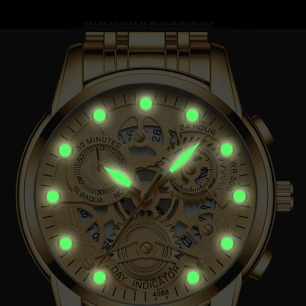 Waterproof Luminous Men Quartz Watch Hollow Design Full Gold Surface Watches