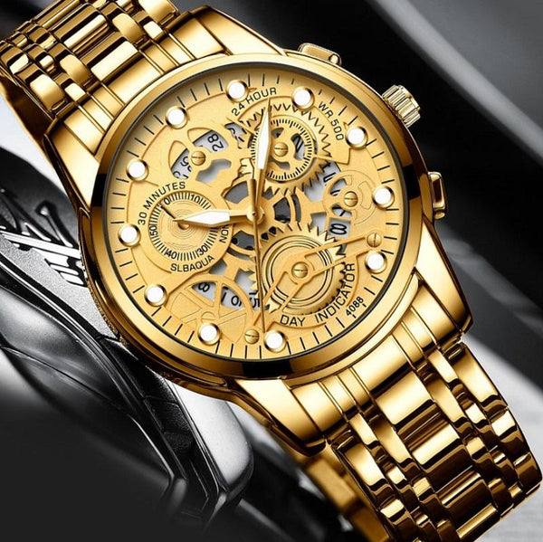Waterproof Luminous Men Quartz Watch Hollow Design Full Gold Surface Watches