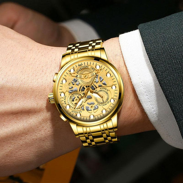 Waterproof Luminous Men Quartz Watch Hollow Design Full Gold Surface Watches