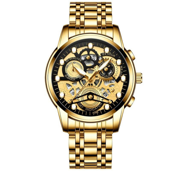 Waterproof Luminous Men Quartz Watch Hollow Design Full Gold Surface Watches