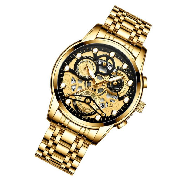 Waterproof Luminous Men Quartz Watch Hollow Design Full Gold Surface Watches