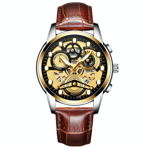 Waterproof Luminous Men Quartz Watch Hollow Design Full Gold Surface Watches