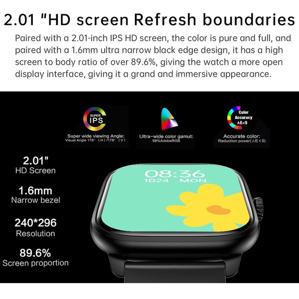 2.01 Inch Ips Hd Screen Smart Watch Supports Bluetooth Call / Health Monitoring Black Smart Watches