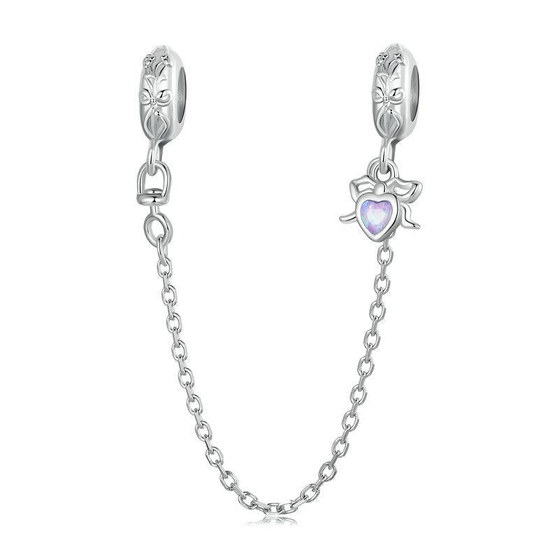 925 Sterling Silver Platinum Opal Bow Safety Chain Charms & Pendants