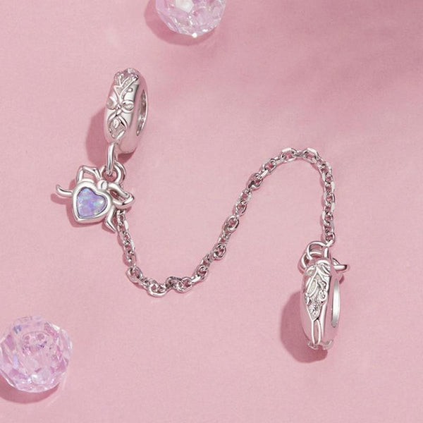 925 Sterling Silver Platinum Opal Bow Safety Chain Charms & Pendants