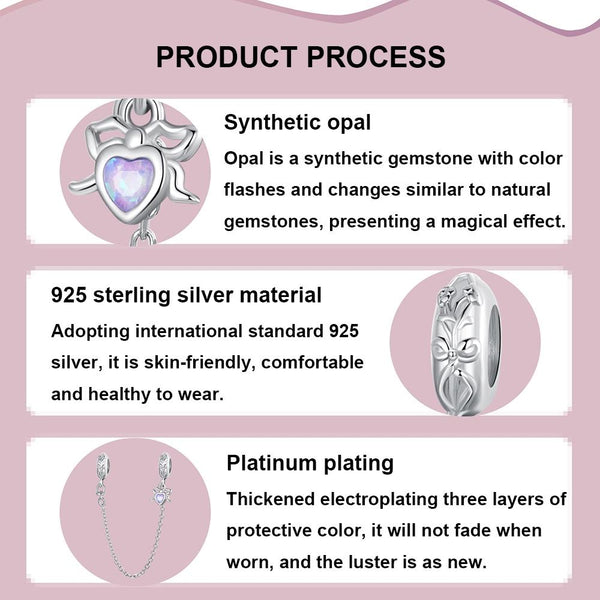 925 Sterling Silver Platinum Opal Bow Safety Chain Charms & Pendants