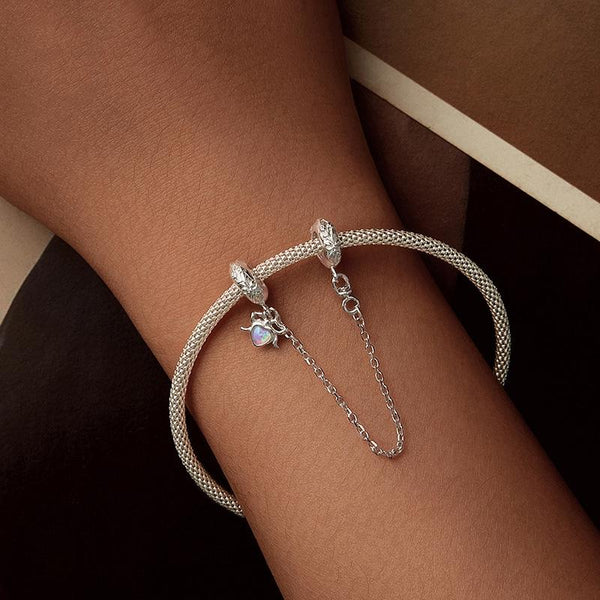 925 Sterling Silver Platinum Opal Bow Safety Chain Charms & Pendants