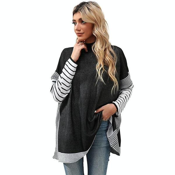 Women Long Sleeve Mock Neck Striped Knit Sweater Casual Tops Black Coats Jackets & Vests