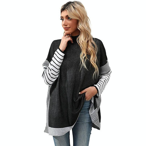 Women Long Sleeve Mock Neck Striped Knit Sweater Casual Tops Black Coats Jackets & Vests