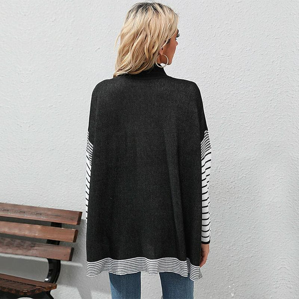 Women Long Sleeve Mock Neck Striped Knit Sweater Casual Tops Black Coats Jackets & Vests