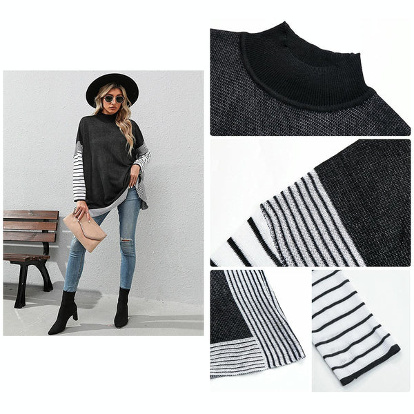 Women Long Sleeve Mock Neck Striped Knit Sweater Casual Tops Black Coats Jackets & Vests