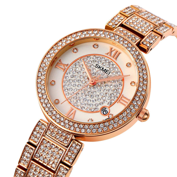 Women Quartz Watch With Diamond Roman Numerals And Round Dial Rose Gold Watches