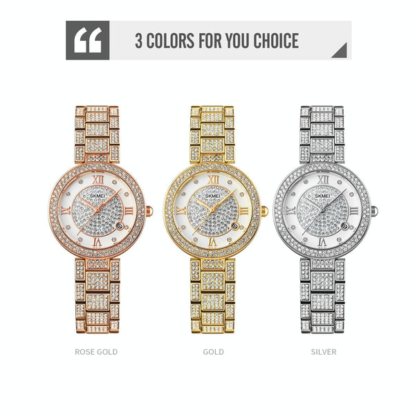 Women Quartz Watch With Diamond Roman Numerals And Round Dial Rose Gold Watches
