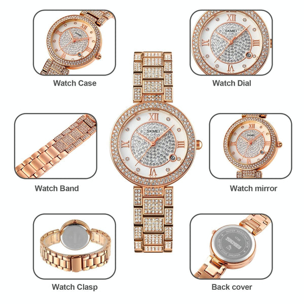 Women Quartz Watch With Diamond Roman Numerals And Round Dial Rose Gold Watches