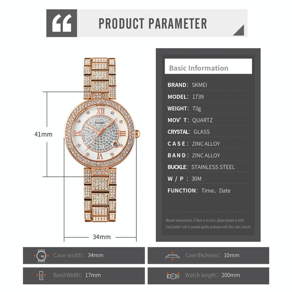 Women Quartz Watch With Diamond Roman Numerals And Round Dial Rose Gold Watches