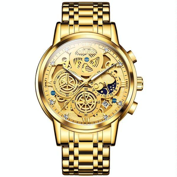 Waterproof Multifunctional Men Quartz Watch Hollow Design Gold Watches