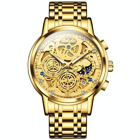 Waterproof Multifunctional Men Quartz Watch Hollow Design Gold Watches