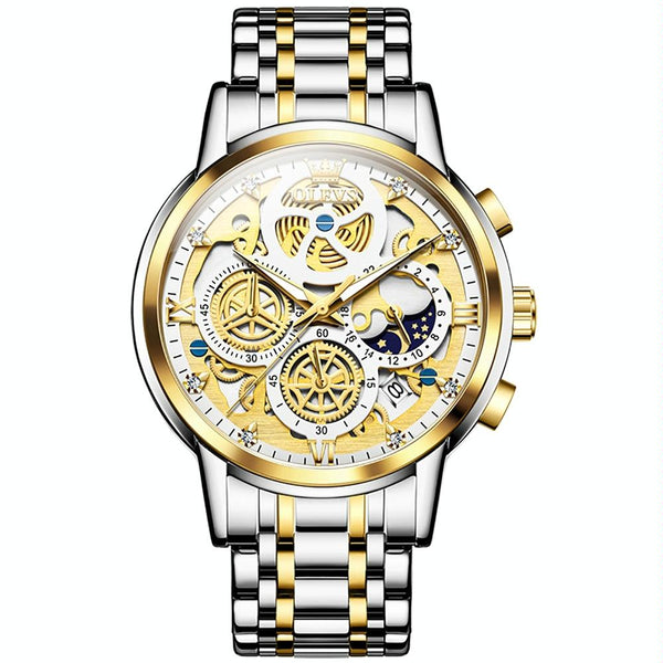 Waterproof Multifunctional Men Quartz Watch Hollow Design Gold Watches